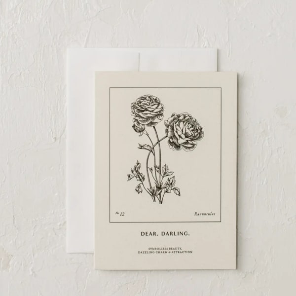 Two botanical greeting cards with a black-and-white ranunculus illustration