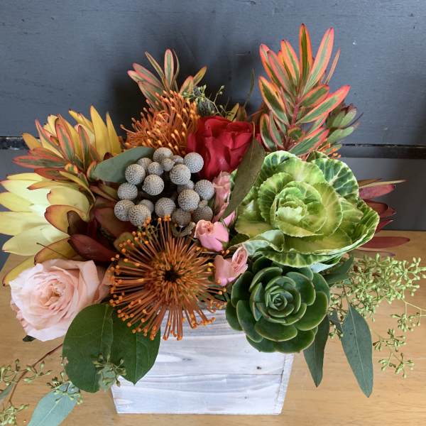 Mixed floral arrangement in a white wooden box with roses and succulents