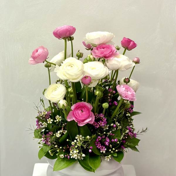 Pink and white ranunculus arrangement in a white ceramic bowl with small purple accent flowers