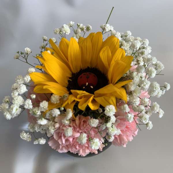 Sunflower bouquet with pink carnations and white baby's breath