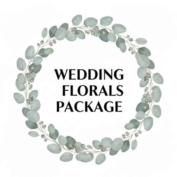 Eucalyptus wreath graphic around the words Wedding Florals Package