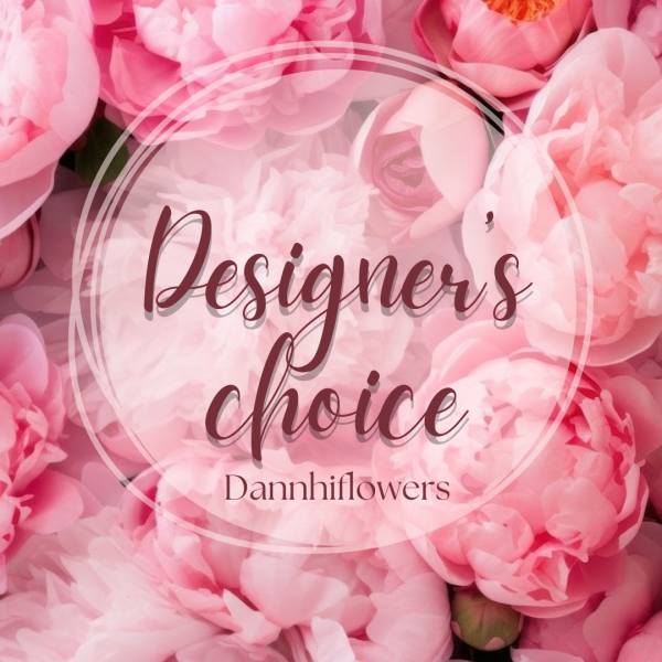 Pink peony blossoms with a "Designer's choice" text overlay
