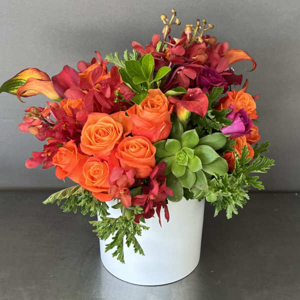 Orange roses and red orchids in a white vase with a green succulent
