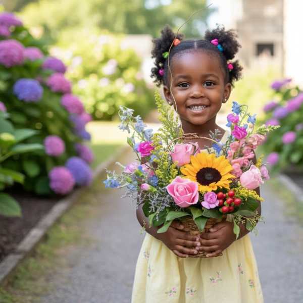 Smiling child holding a basket of mixed flowers outdoors