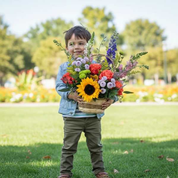 Child holding a basket of colorful flowers outdoors