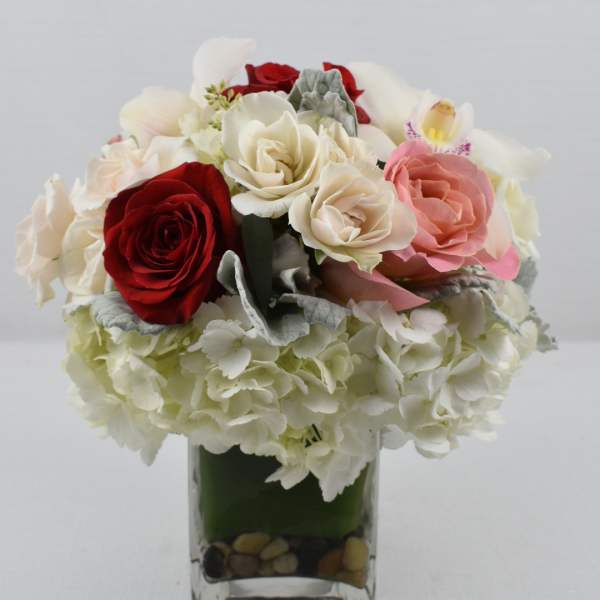Compact arrangement of red and cream roses, pink rose, hydrangeas, and orchid in a glass cube vase