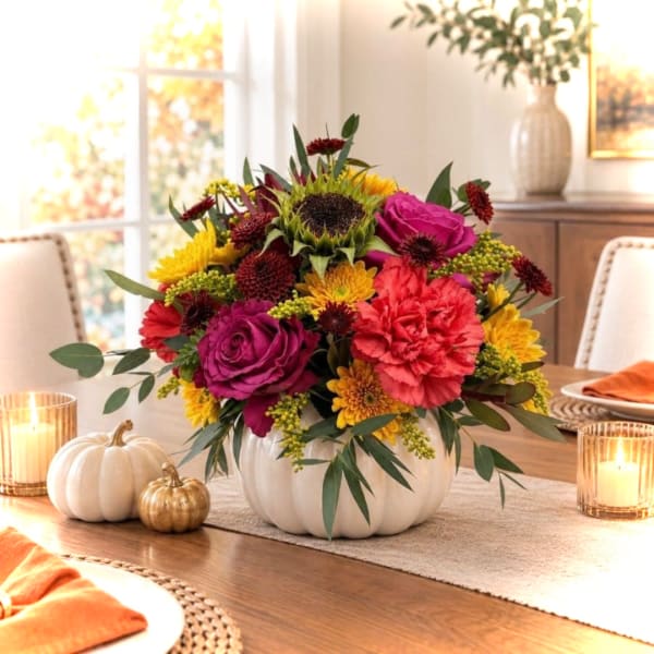 Colorful floral arrangement in a white pumpkin-shaped vase on a dining table