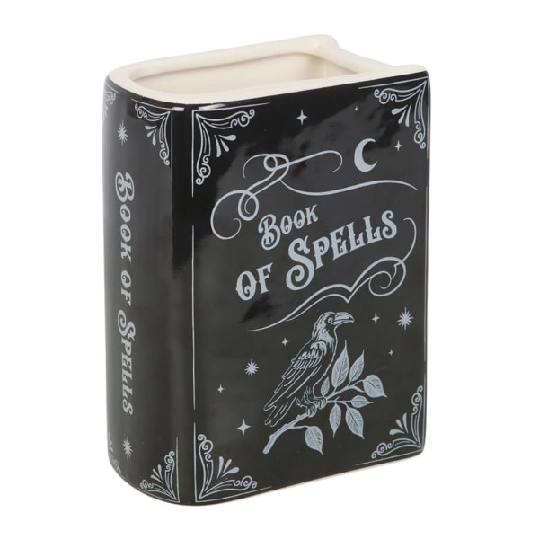 Black book-shaped ceramic vase with white spellbook graphics