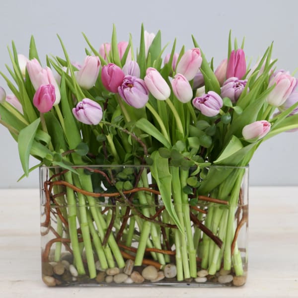 Pink and lavender tulips arranged in a clear rectangular vase