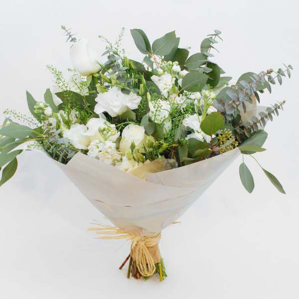 White bouquet with eucalyptus and wrapped stems