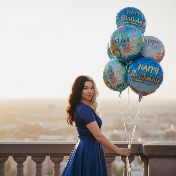 Woman in a blue dress holding a cluster of birthday balloons