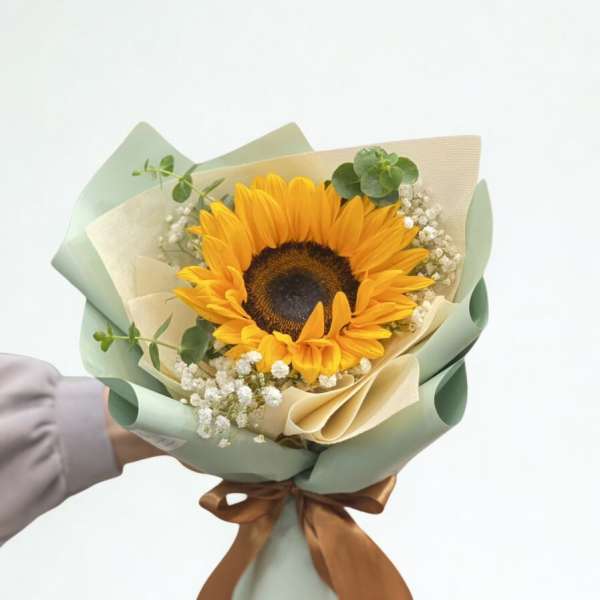 Sunflower bouquet wrapped in pale green and cream paper with a brown ribbon