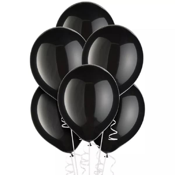 Cluster of black balloons with white curling ribbons