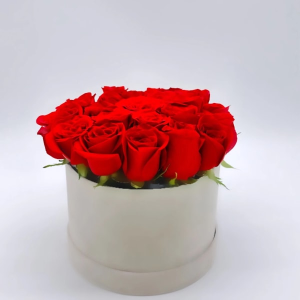 Red roses arranged in a round white box