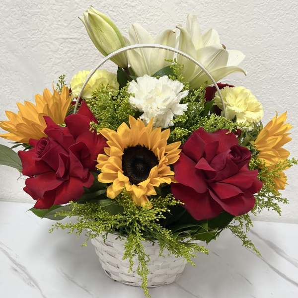 White Basket With Red Roses And Sunflowers