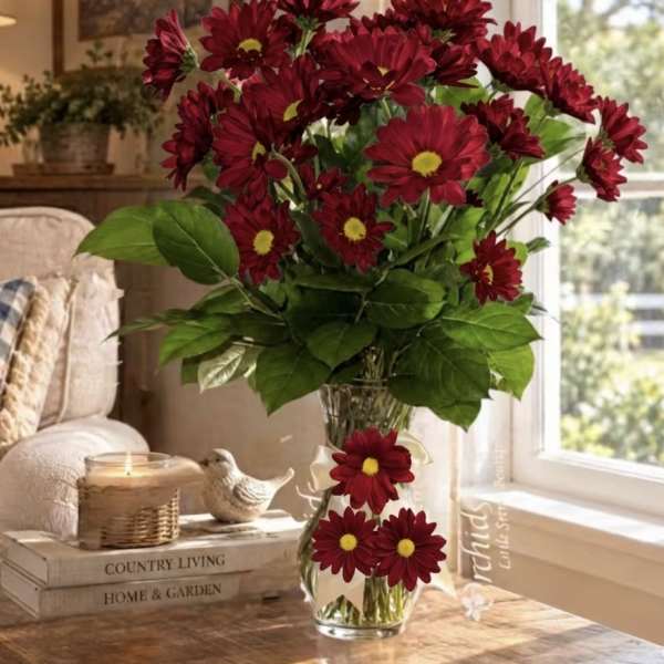 Red daisy bouquet in a clear glass vase on a table