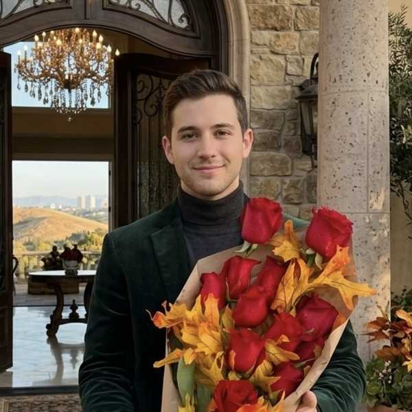 Man holding a bouquet of red roses wrapped in paper with autumn leaves