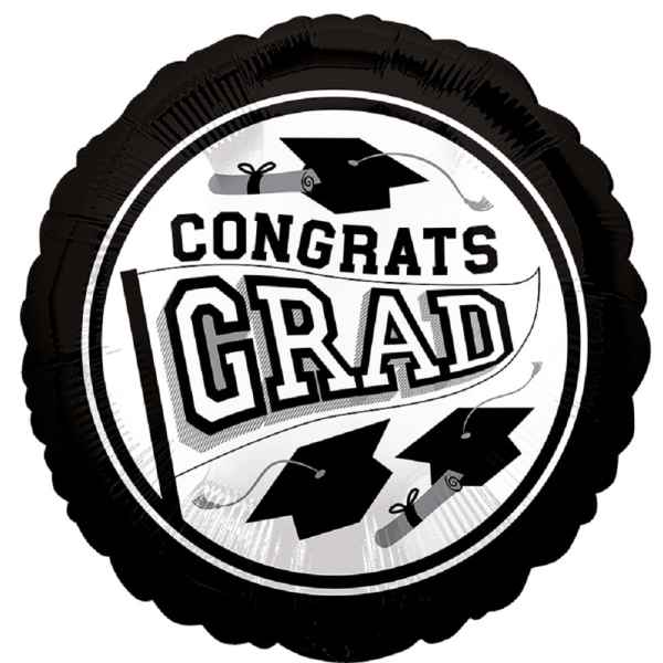 Black round graduation balloon with "Congrats Grad" text