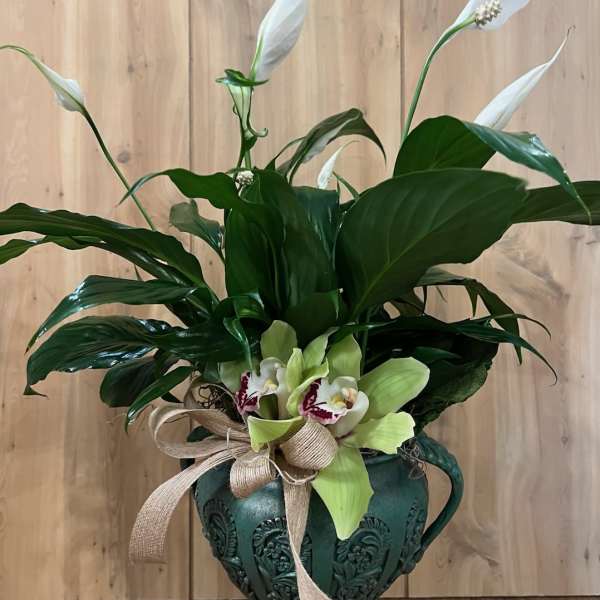 White peace lilies and orchids in a decorative green urn