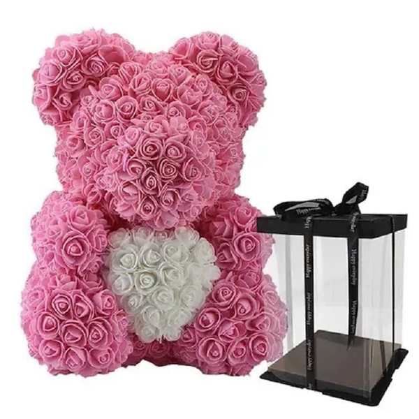 Pink rose teddy bear with a clear gift box and black ribbon