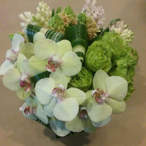 Bouquet of white orchids and green flowers with dark green ribbon wraps