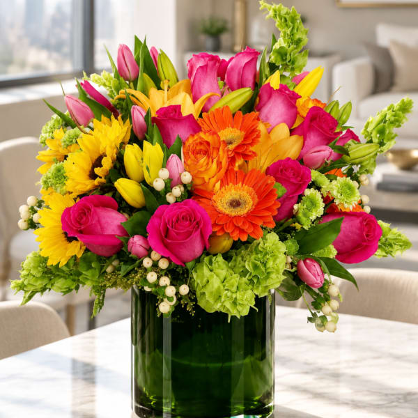 Bright mixed bouquet in a green glass vase with pink, yellow, and orange blooms