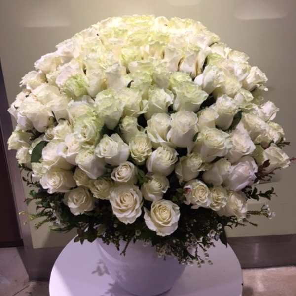 Large white rose arrangement in a white vase