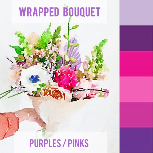 Wrapped bouquet of purple and pink flowers with white blooms