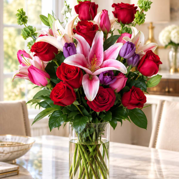 Bouquet of red roses, pink lilies, and purple tulips in a clear glass vase