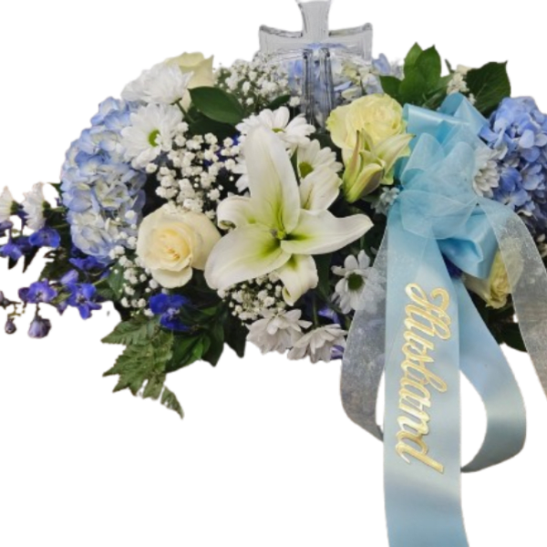Blue and White Casket Cover with Crystal Cross