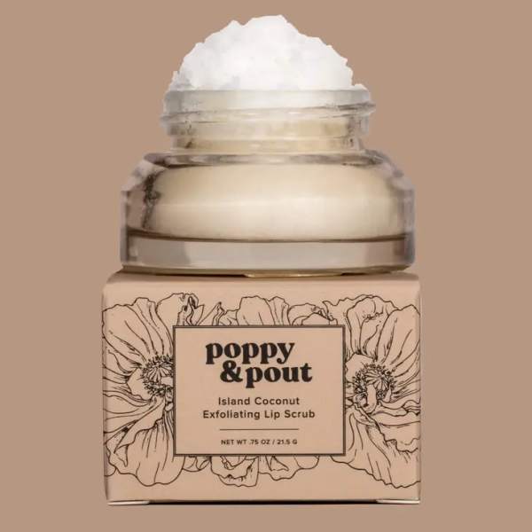 Jar of Poppy & Pout coconut lip scrub with floral label