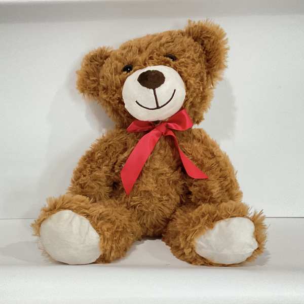 Brown teddy bear with a red ribbon bow
