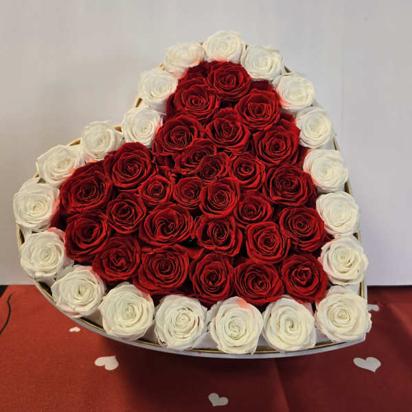 Heart-shaped box filled with red roses bordered by white roses.