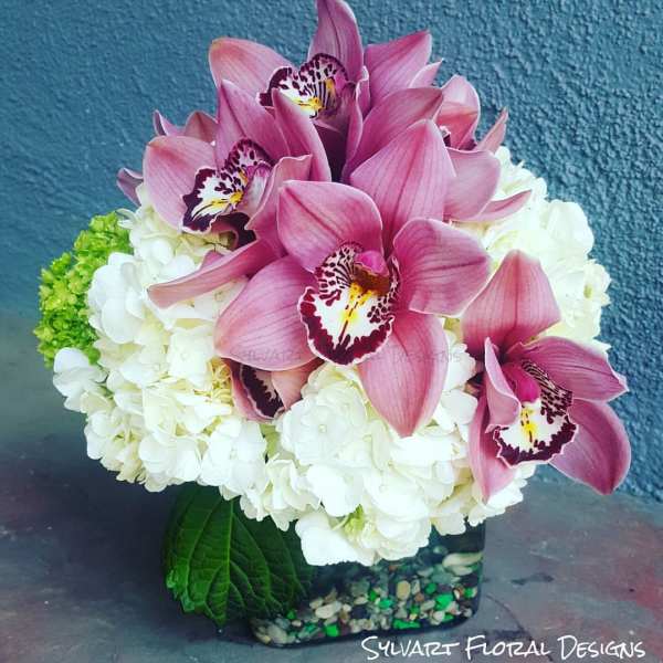 Pink orchids arranged with white hydrangeas in a glass vase