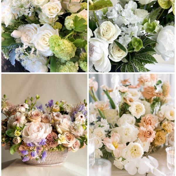 Collage of pastel floral arrangements with white and peach roses.