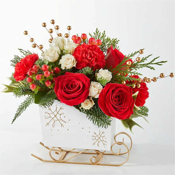 Red and white rose bouquet in a white holiday box with gold accents