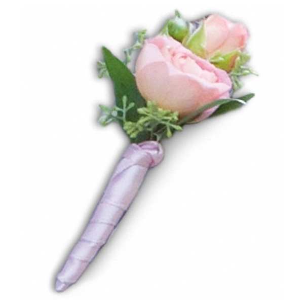 Pink rose boutonniere with lavender ribbon wrap
