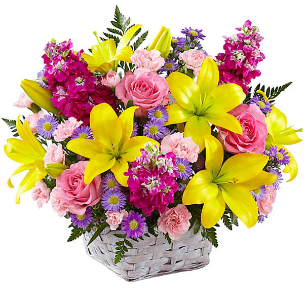 Basket of pink roses, yellow lilies, and purple daisies