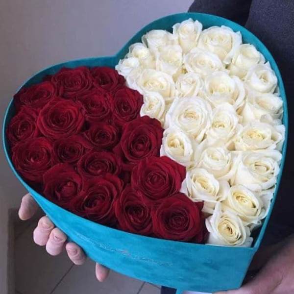 Heart-shaped box filled with red and white roses
