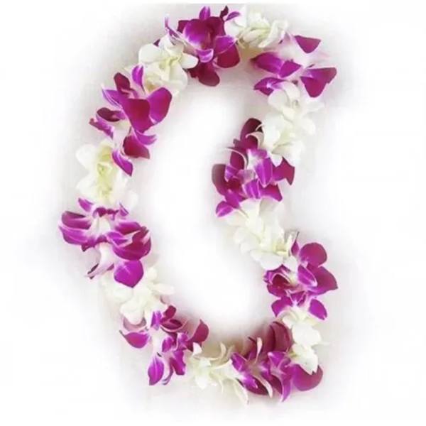 Purple and white orchid lei on a white background