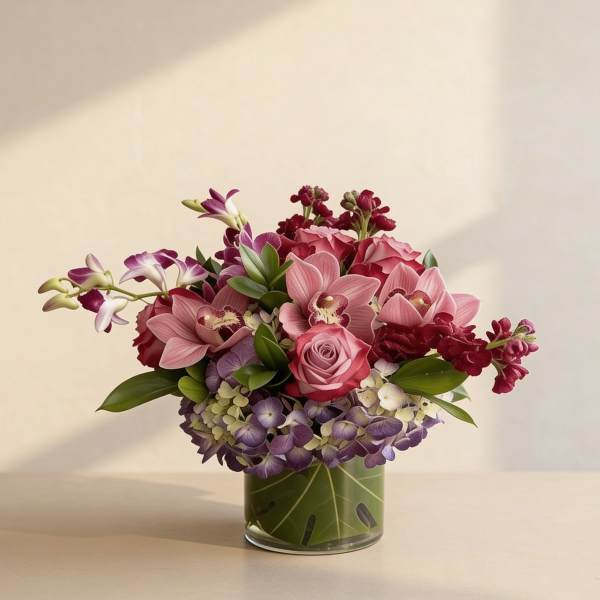 Low arrangement of pink roses and orchids with purple hydrangea in a leaf-lined glass vase