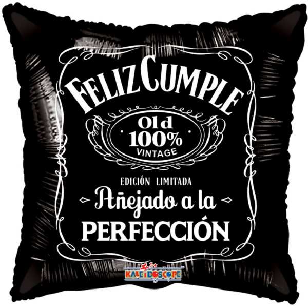 Black square balloon pillow with white Spanish text and decorative border