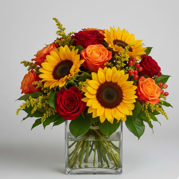 Sunflowers and red-orange roses in a clear glass vase