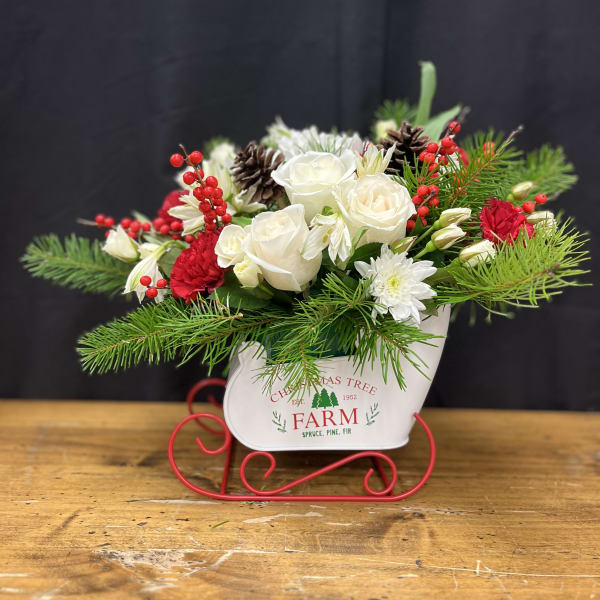 Holiday arrangement with white roses, red berries, and pine in a white sleigh container