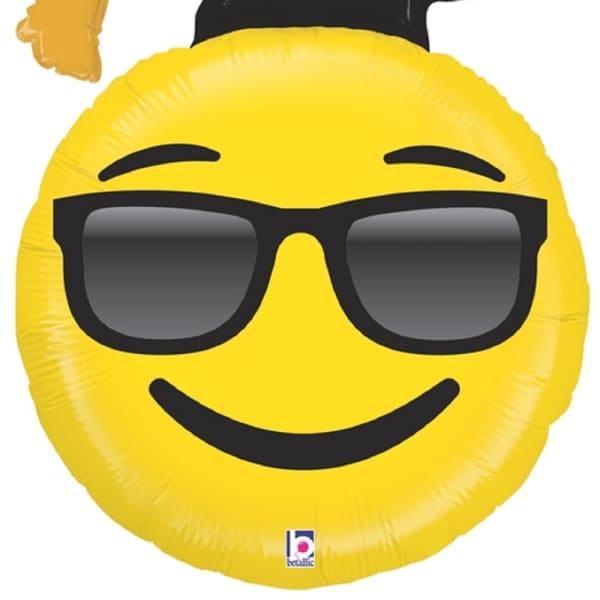 Yellow emoji graduation balloon with sunglasses and a mortarboard