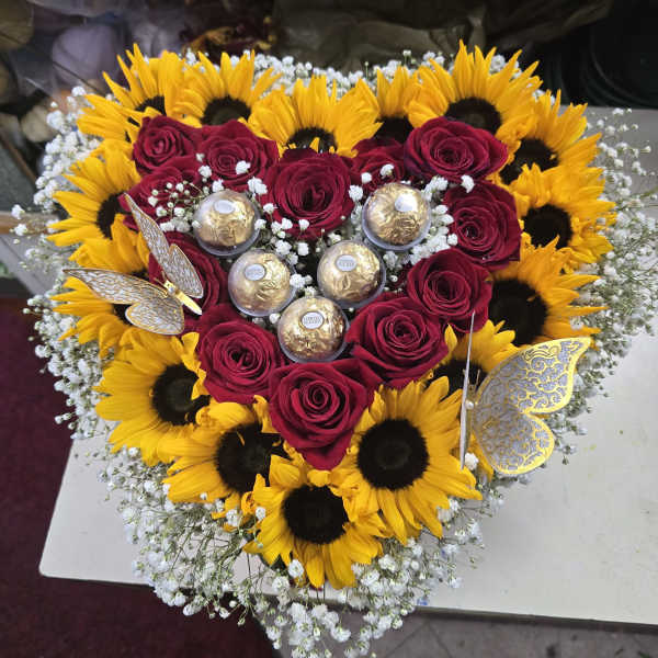sun flowers with red roses chocolate heart box