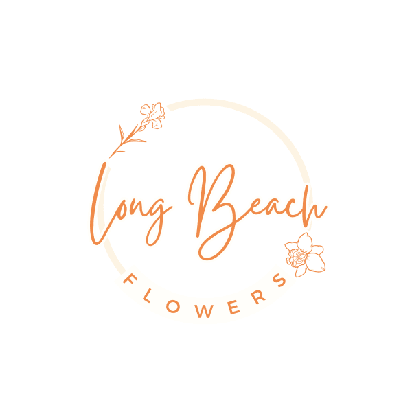 Orange Long Beach Flowers logo with floral line art on a white background