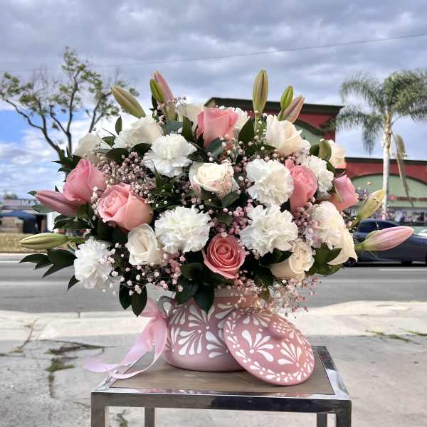 Love In Full Bloom - Pink & White Roses And White Carnations