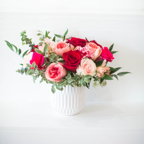 Pink and red roses arranged in a white vase