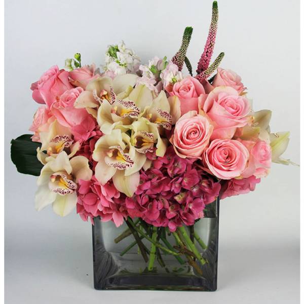 Pink roses and cream orchids in a square glass vase